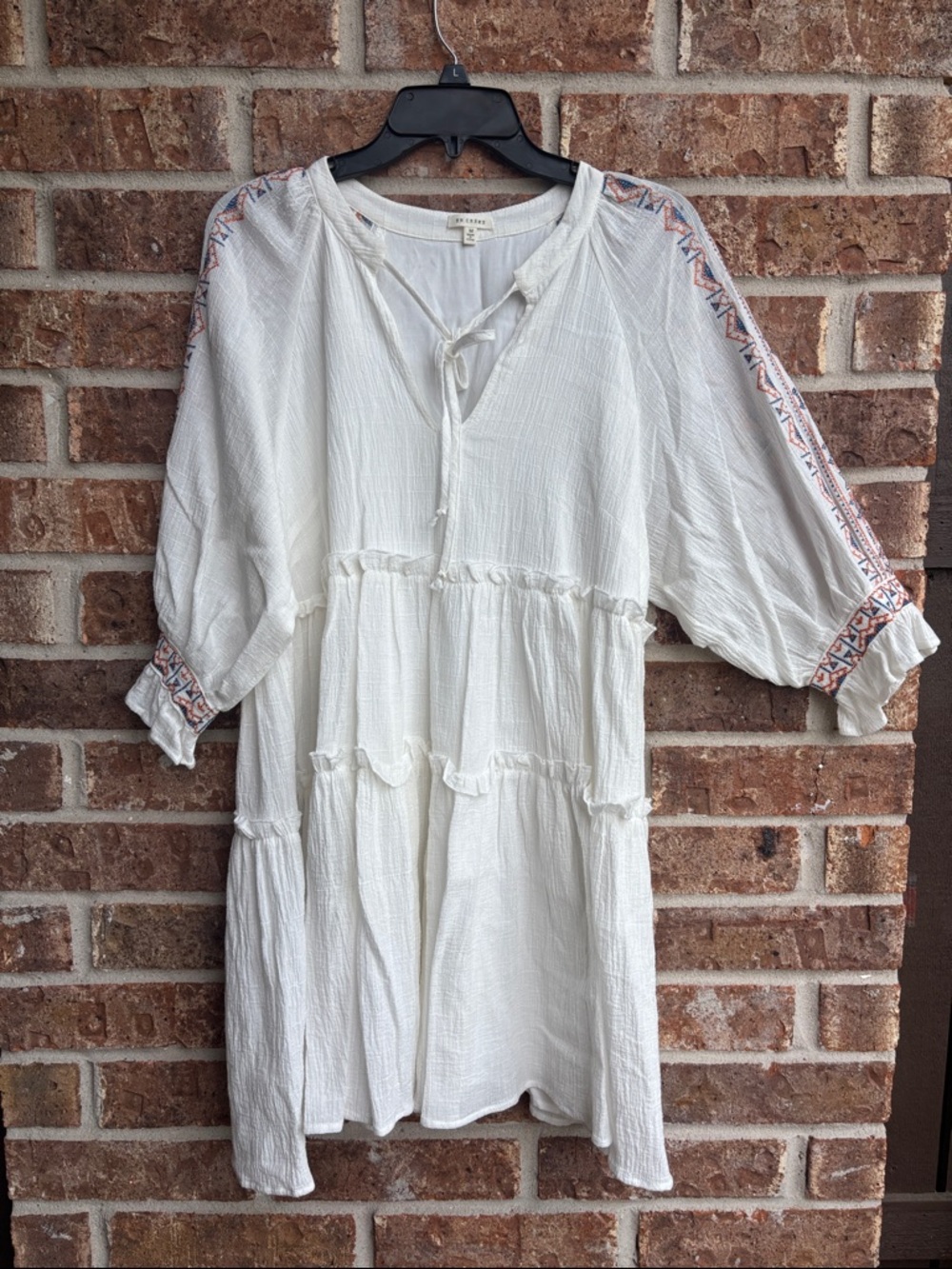 En Créme Gauze Boho mini Dress with Embroidered Sleeves